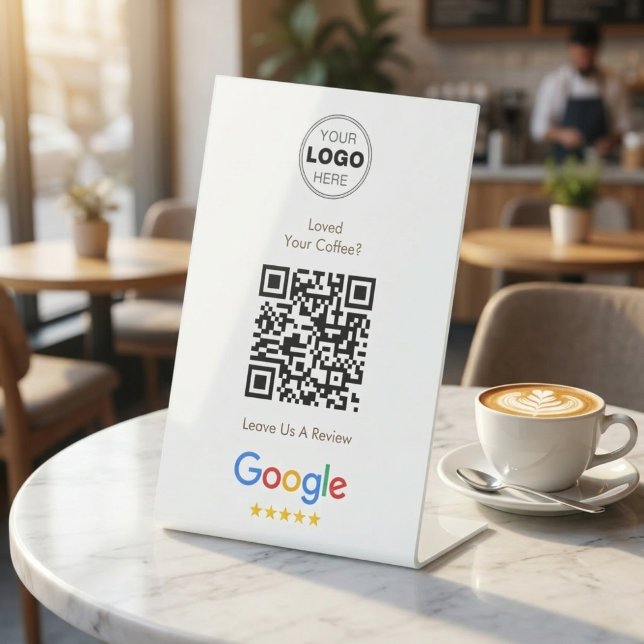 Signe De Table Minimalist Google Review QR Code Business Logo (Boost Cafe Reviews with a Sleek Google QR Code Pedestal Sign)