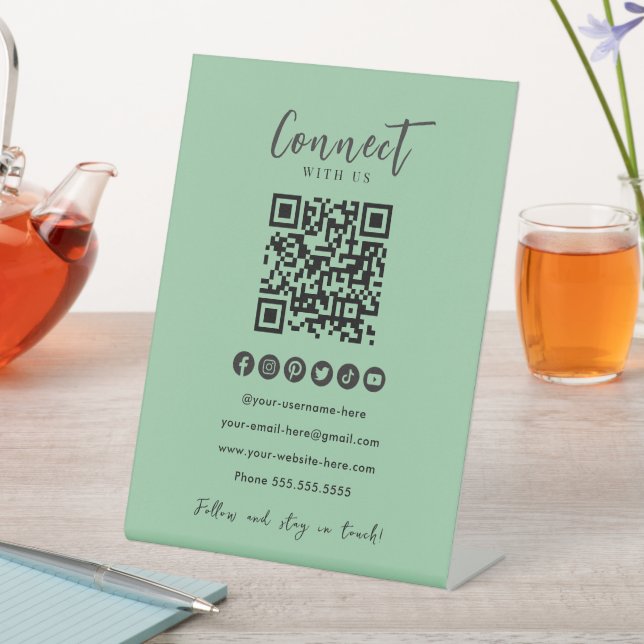 Signe De Table Mint Green QR Code Se Connecter Aux Médias Sociaux (In SItu)