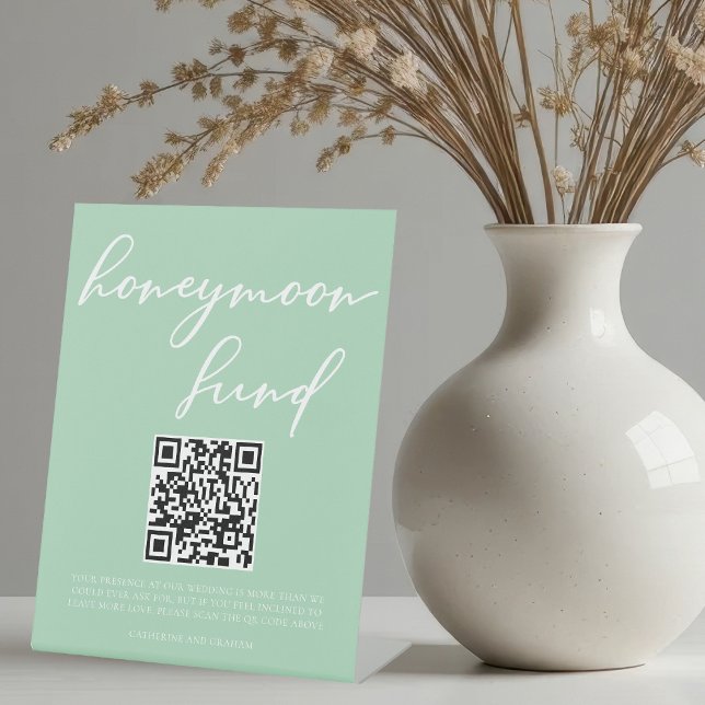 Signe De Table Mint Green White Mariage Honeymoon Fund QR Code (Créateur téléchargé)