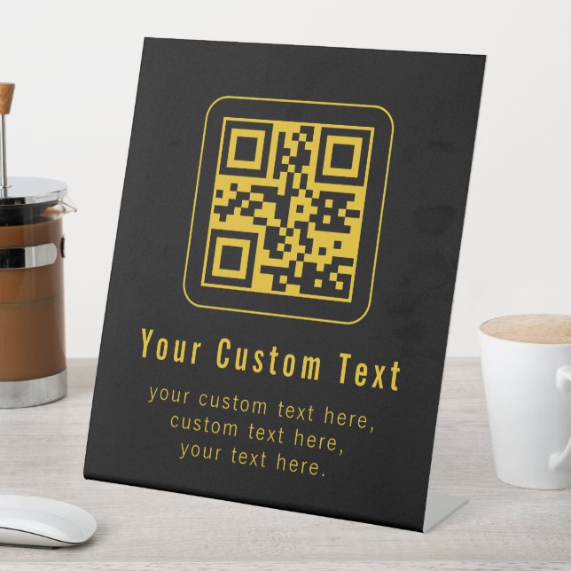 Signe De Table Modèle de QR Code et Texte éditable | Noir et Or (In SItu)