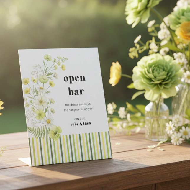 Signe De Table Modern Citrus Wildflower Stripe Wedding Open Bar (Open Bar sign from the Citrus Green Wildflower wedding collection by Darling & May)