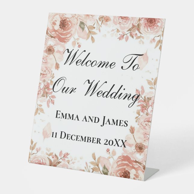 Signe De Table Modern Customisable Pink Floral Welcome Sign (Recto)