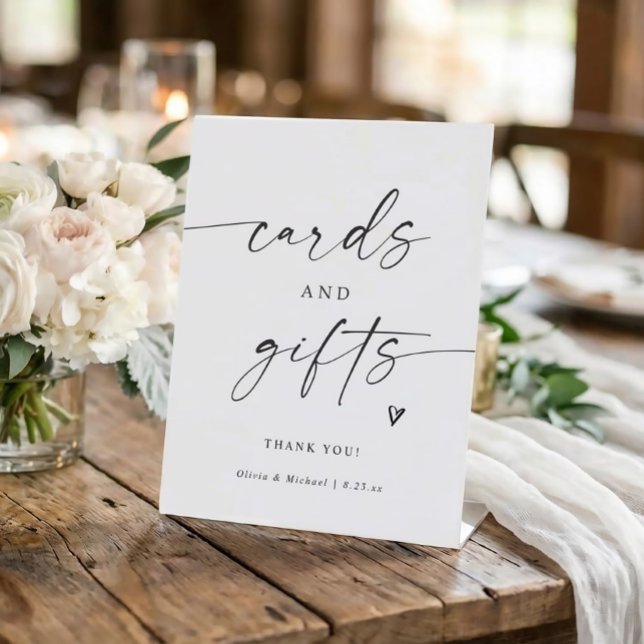 Signe De Table Modern Handwriting Cards & Gifts Wedding (Modern cards and gifts sign in elegant handwriting with heart - black and white.)