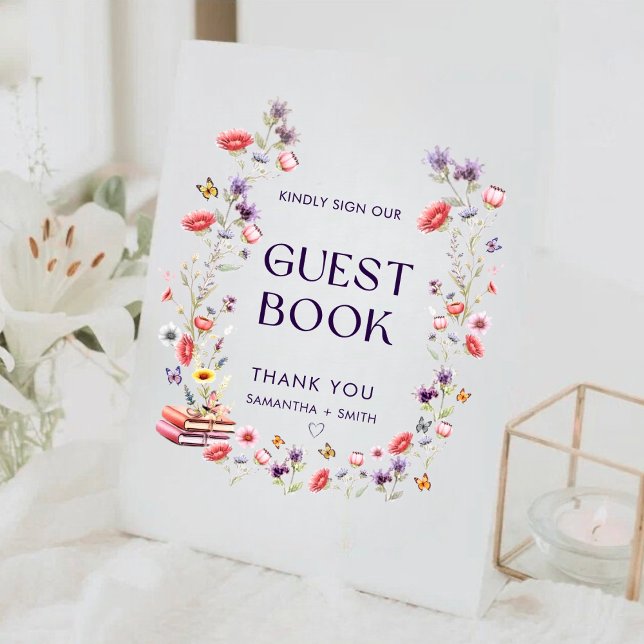 Signe De Table Modern Lavender Wildflower Guest Book (Elegant lavender wildflower guest book sign to mark your storybook new chapter.)