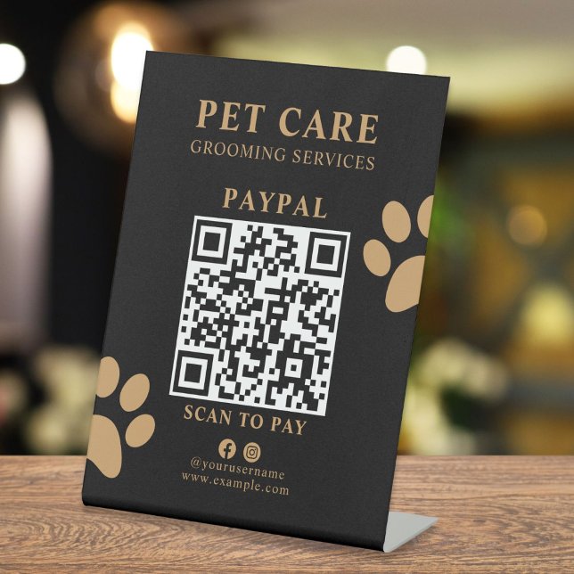 Signe De Table Modern Luxury Black Gold Paw Pet Grooming Service (personalized modern black gold professional scan to pay pet store pedestal sign )