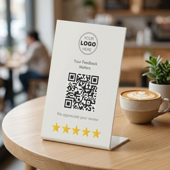 Signe De Table Modern Minimalist QR Code Customer Feedback (Boost Business Reviews: Minimalist Neutral QR Code Pedestal Sign)