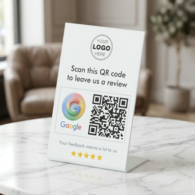 Signe De Table Modern White Minimalist Google Review QR Code (Modern White Minimalist Google Review QR Code Sign for Small Business)