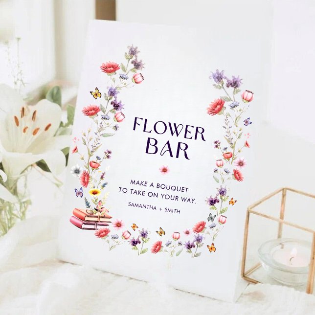 Signe De Table Modern Wildflower Bridal Shower Flower Bar (Modern wildflower bridal shower flower bar sign with watercolor florals and boho charm.)