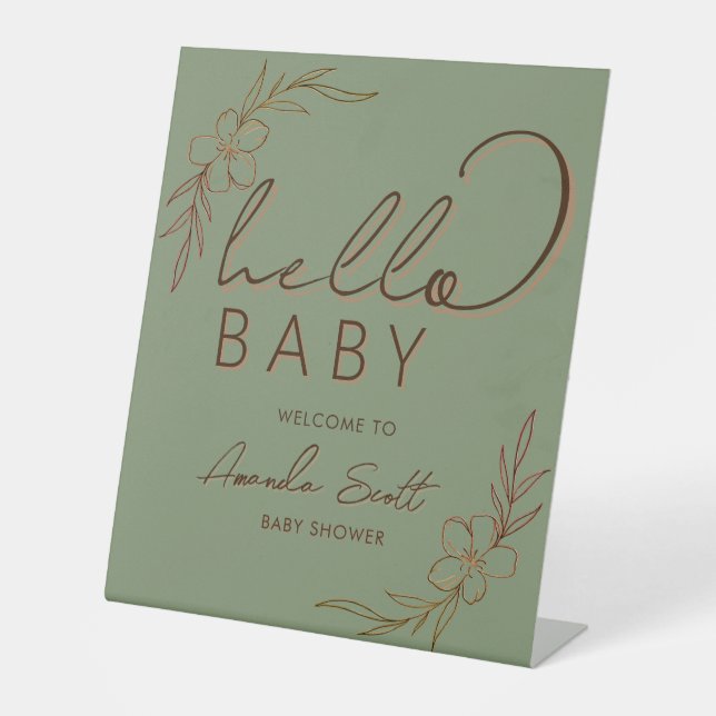 Signe De Table Moderne Bonjour Bébé Floral Fête de Naissance Vert (Recto)