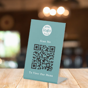 Signe De Table Moderne Elegant Cadet Blue Logo QR Code Restaurant