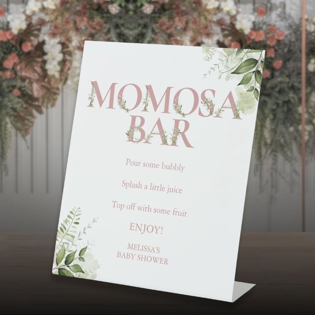 Signe De Table Momosa Bar Verdure Dusty Rose Baby shower rose (Momosa Bar Greenery Dusty Rose Pink Baby Shower Pedestal Sign)