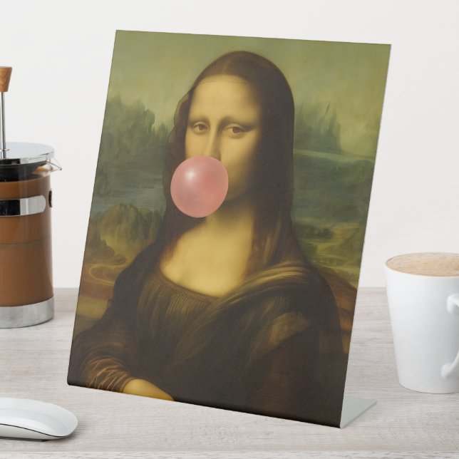 Signe De Table Mona Lisa soufflant de bulle rose (In SItu)