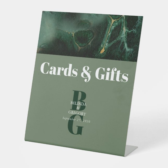 Signe De Table Monogramme de marbre vert moderne Cartes de mariag (Recto)