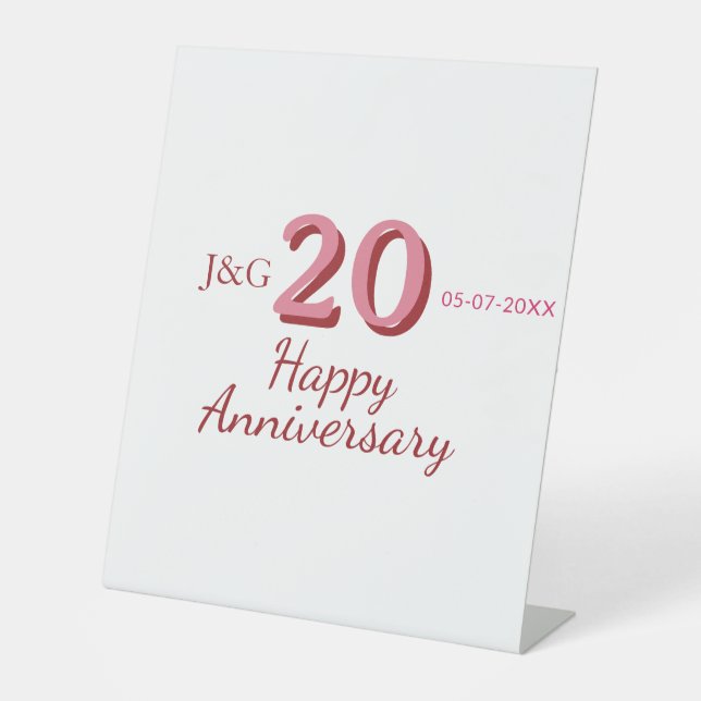 Signe De Table monogramme gras nom date rose 20e anniversaire (Recto)