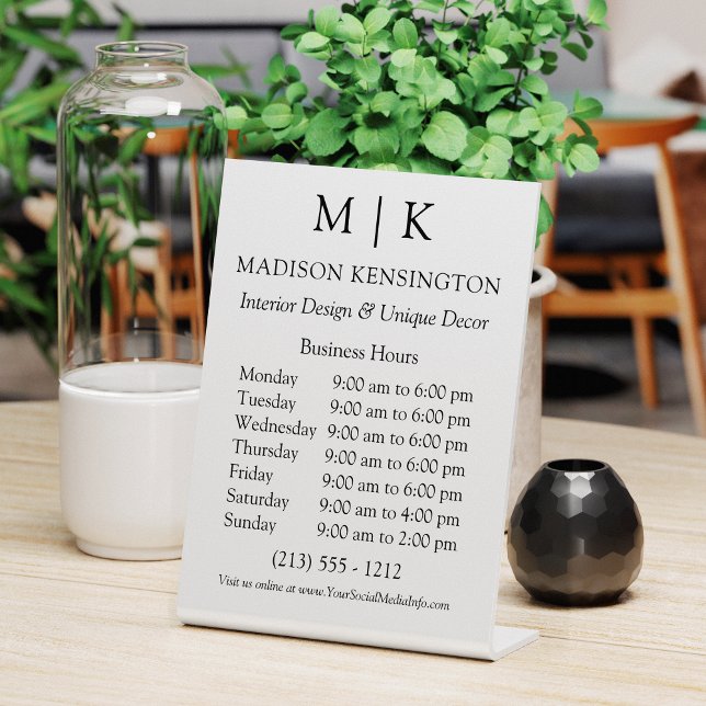 Signe De Table Monogramme ou ajouter un logo Heures d'ouverture (Edit to Customize text, colors and more)