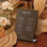 Signe De Table Moody Coffee Minimalist Boho Wedding Menu<br><div class="desc">Make a striking visual statement at your reception tables with this high-contrast Moody Coffee Minimalist Wedding Menu Pedestal Sign. The deep, velvety Coffee Romance background creates a sophisticated, dramatic canvas, while the crisp Ivory text ensures unmatched legibility, even in dim lighting. As a self-standing sign (typically 1/16" sturdy plastic), it...</div>