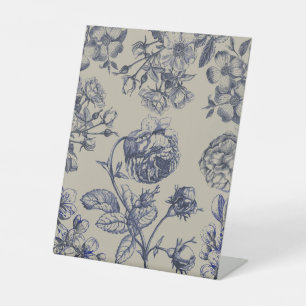 Signe De Table Motif floral botanique toile bleue vintage antique