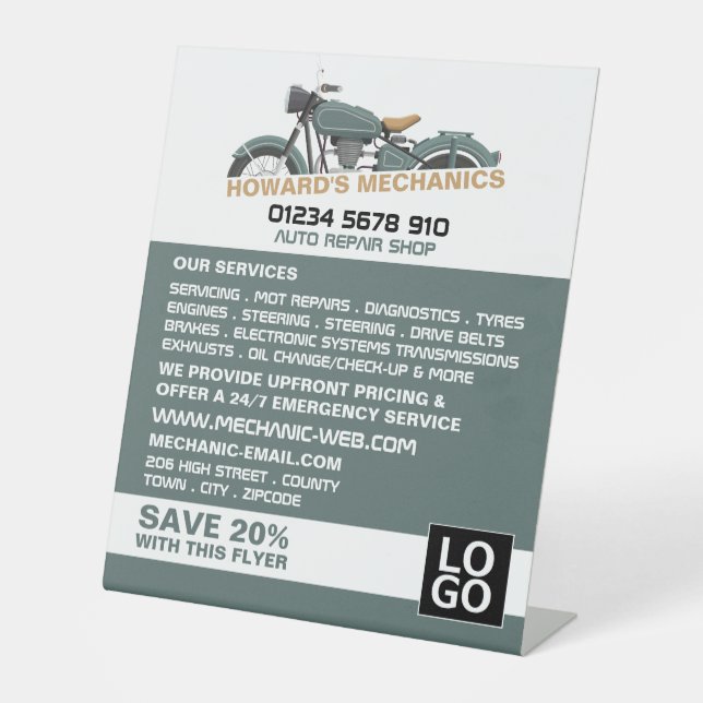 Signe De Table Motocyclette classique, mécanique automobile et ré (Recto)