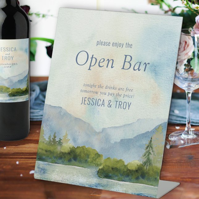 Signe De Table Mountain Lake Watercolor Mariage Open Bar (Créateur téléchargé)