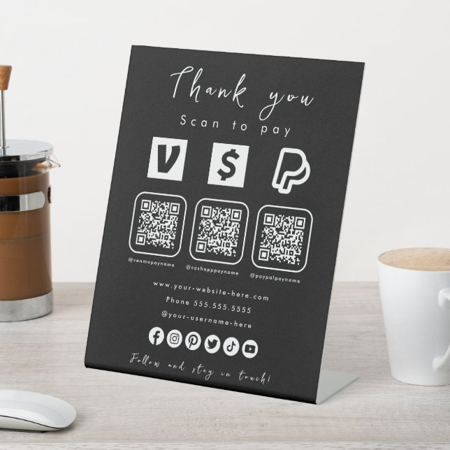 Signe De Table Multi QR Code Paypal Venmo Cash App Black (In SItu)