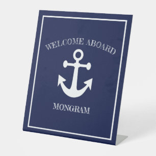 Signe De Table Nautical Navy Blue Welcome Aboard Nom du bateau An