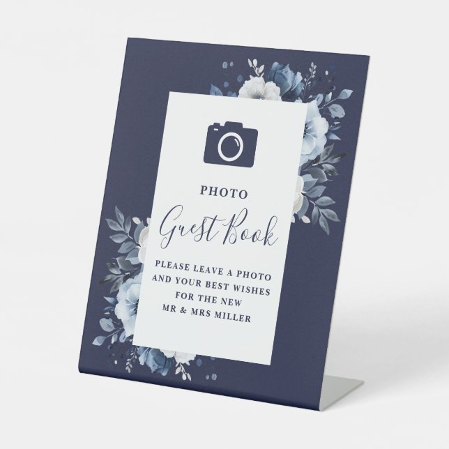 Signe De Table Navy Blue Elegant Floral Photo Mariage du livre d' (Recto)