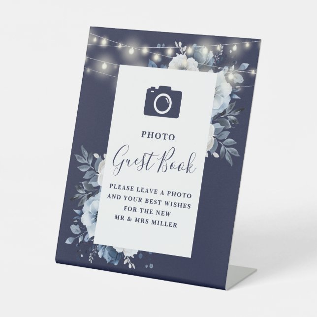 Signe De Table Navy Blue Rustic Floral Photo Mariage du livre d'o (Recto)