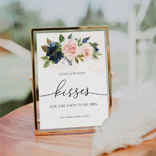 Signe De Table Navy & Blush Pink Floral Invité Combien de baisers