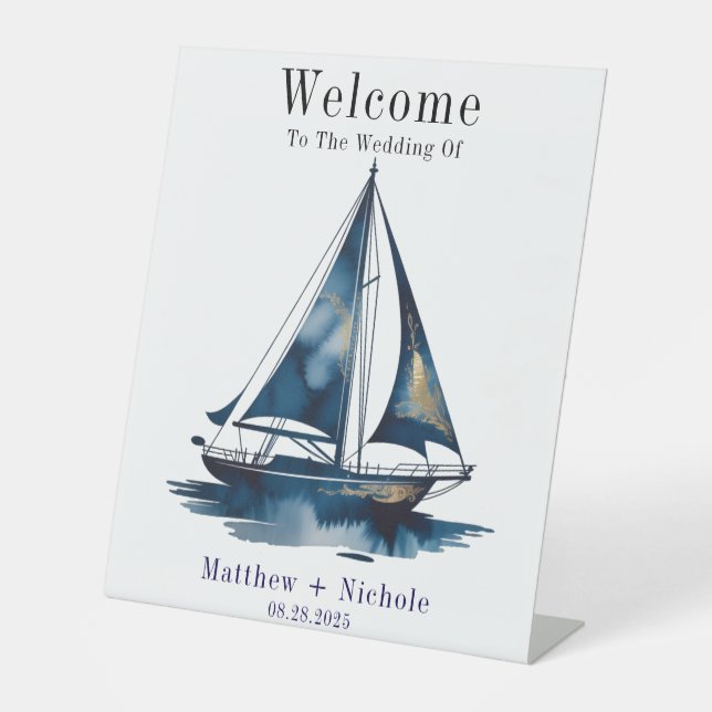 Signe De Table Navy Gold Nautical Boat Gold Wedding Welcome Sign (Recto)