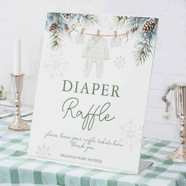 Signe De Table Neige dans l'amour hiver baby shower tombole de co (Snow in love baby clothes on a line winter baby shower diaper raffle table pedestal sign)