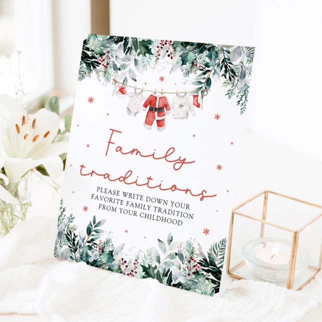 Signe De Table Noël Rouge Père Noël Baby Family Traditions Jeu (Watercolor Christmas Red Santa Baby Family Traditions Game Pedestal Sign)