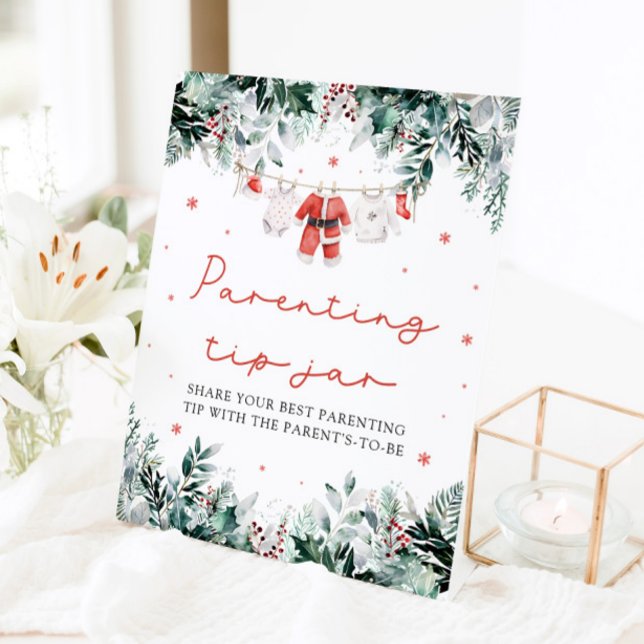 Signe De Table Noël Rouge Père Noël bébé parents Conseils Jeu Jar (Watercolor Christmas Red Santa Baby Parenting Tip Jar Game Pedestal Sign)