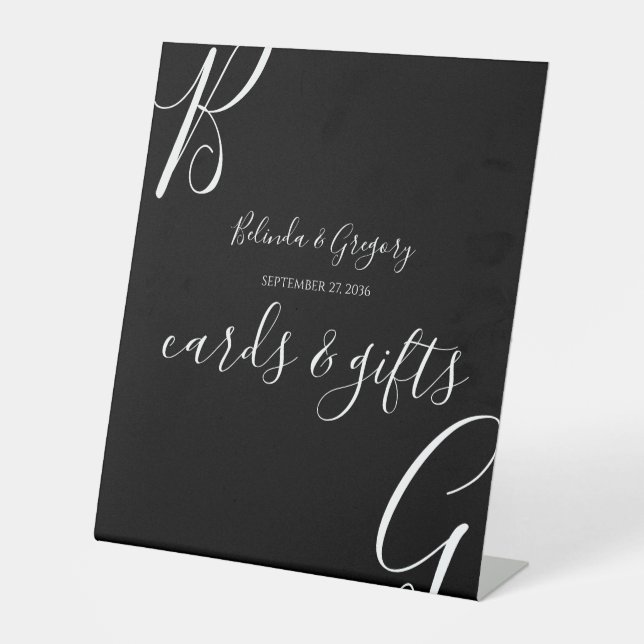 Signe De Table Noir & Blanc Initiales Cartes de Mariage & Cadeaux (Recto)