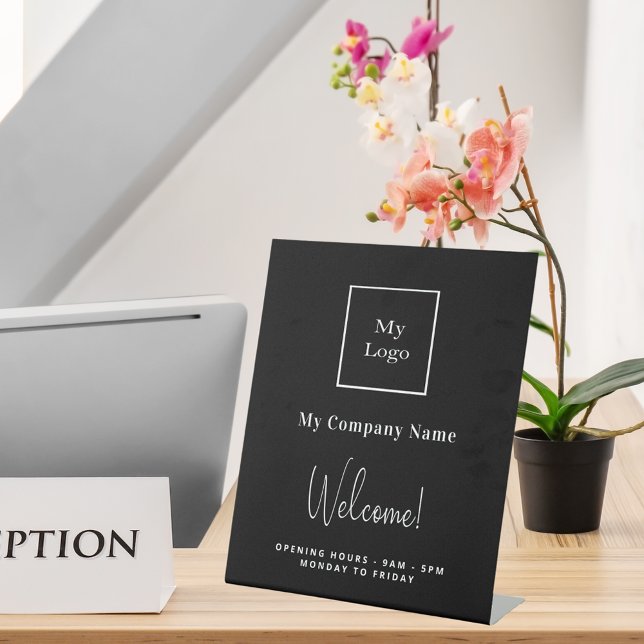 Signe De Table Noir blanc logo entreprise nom heures d'ouverture (Créateur téléchargé)