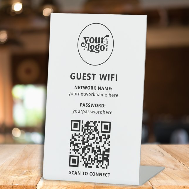 Signe De Table Noir blanc moderne QR WiFi Mot de passe Entreprise (Modern Black White QR WiFi Password Business Sign)