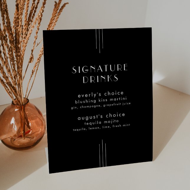 Signe De Table NOIR Mariage Signature TOUS Art Déco Boissons (EVERLY Art Deco Black Wedding Signature Drinks Pedestal Sign)