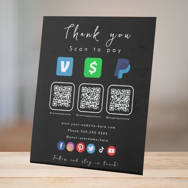 Signe De Table Noir moderne Code QR multiples Paypal Venmo Cash A (Créateur téléchargé)