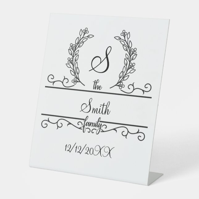 Signe De Table Nom de famille de mariage personnalisé avec feuill (Recto)