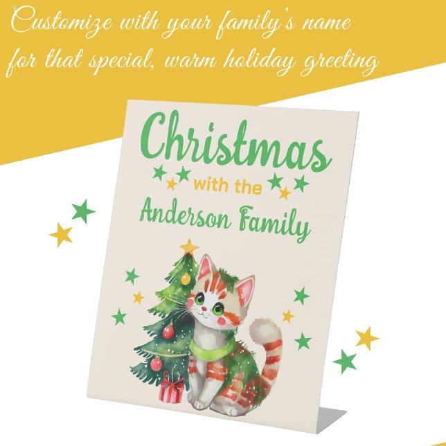 Signe De Table Nom de famille de Noël chat et arbre jaune vert (Créateur téléchargé)