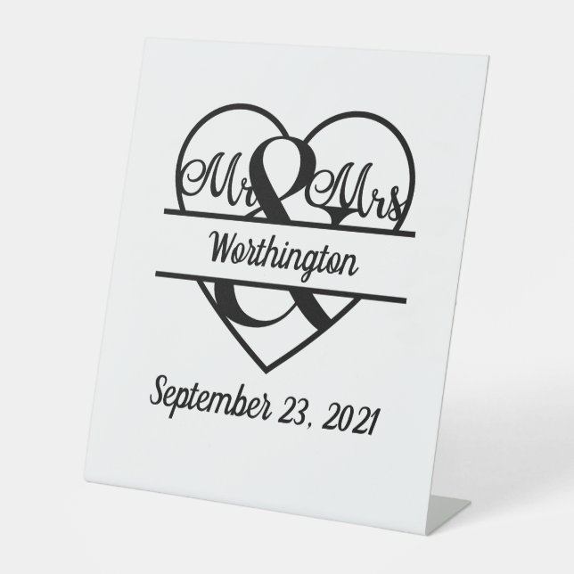 Signe De Table Nom Monogramme Date Cœur Mariage  (Recto)
