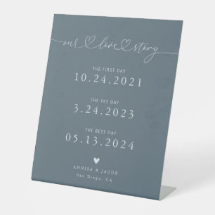 Signe De Table Notre histoire d'amour Cœurs Bleu Acier Calendrier