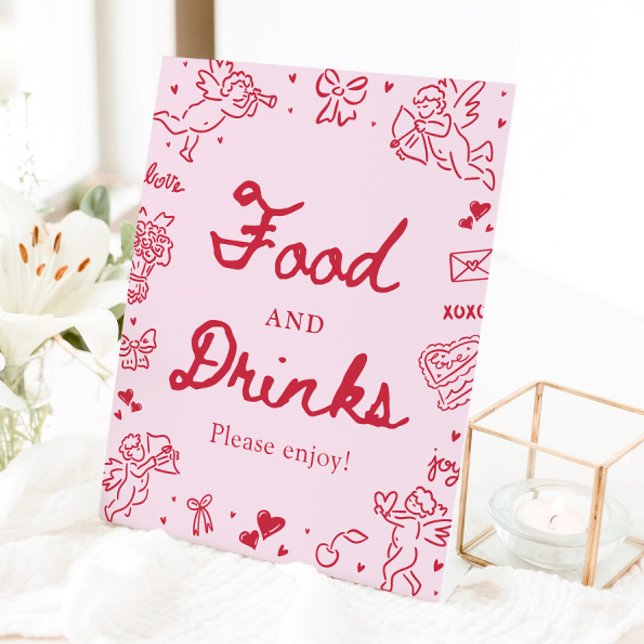 Signe De Table Nourriture et boissons de la Saint-Valentin modern (Pink Hand Drawn Modern Valentine Food and Drinks Sign)