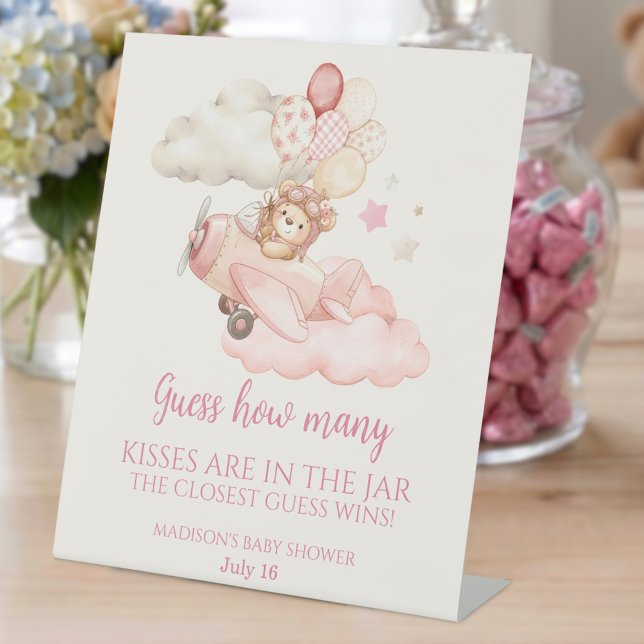 Signe De Table Nous Pouvons à Peine Attendre Devinez Combien de B (We Can Bearly Wait Airplane Guess How Many Kisses Pedestal Sign | Girl Baby Shower)