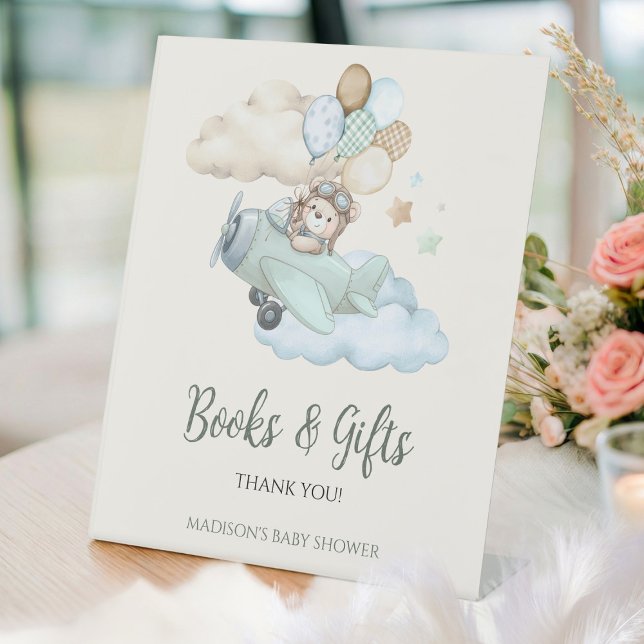Signe De Table Nous pouvons à peine attendre les livres et cadeau (Aviator Teddy Bear Baby Shower Books and Gifts Pedestal Sign. Blue Boy Airplane. We Can Bearly Wait.)