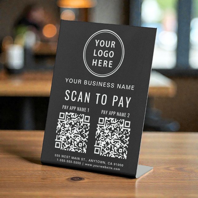 Signe De Table Numériser pour payer 2 codes QR Logo noir (Scan to Pay 2 QR Codes Logo Black Pedestal Sign)