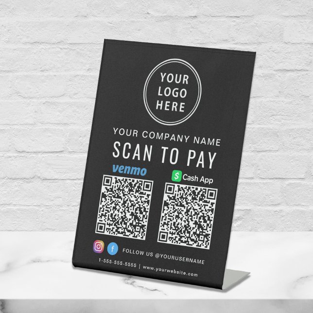 Signe De Table Numériser pour payer Logo CashApp Venmo QR Codes n (Our versatile QR Code sign enables you to receive payments anytime, anywhere)