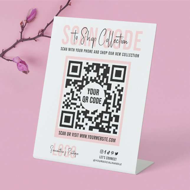 Signe De Table Numériser pour payer ou acheter le code QR moderne (Make it easy for clients to shop your collection with this QR code pedestal sign in pink and white)
