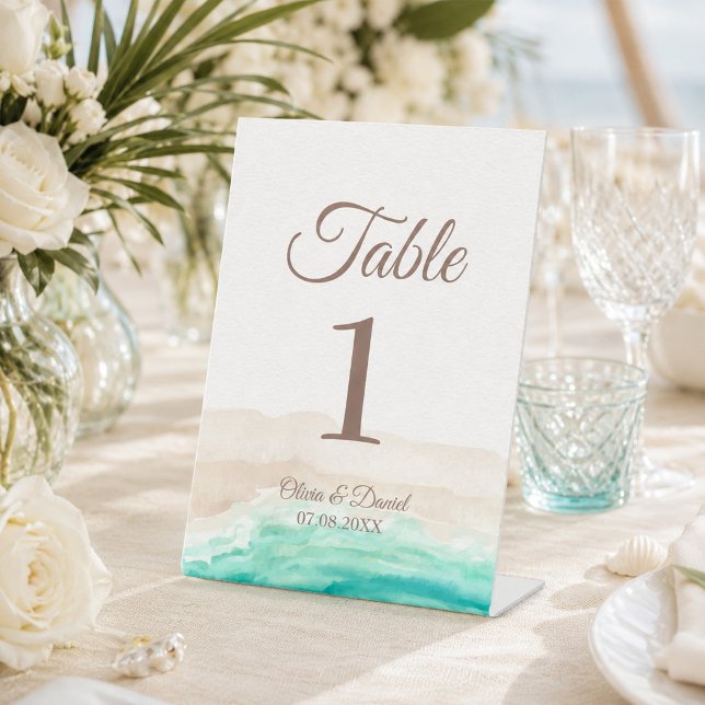 Signe De Table Numéro de table Boho Tropical Beach et palmiers (Boho Tropical Beach and Palm Trees Table Number Pedestal Sign)