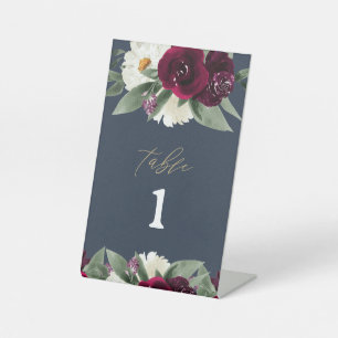 Signe De Table Numéro de table Burgundy riche Floral Bleu Marine
