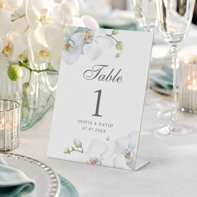 Signe De Table Numéro de table de mariage à l'orchidée blanche él (Modern Elegant White Orchid Wedding Table Number Pedestal Sign)